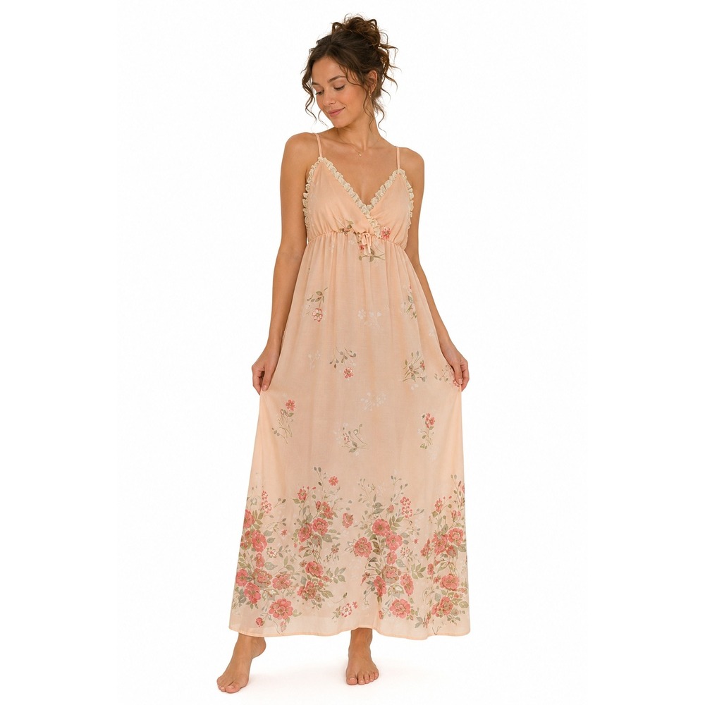 VTG 70s Babydoll Maxi Gown S Pink Floral Lace Trim Cottage Coquette Prairie Boho